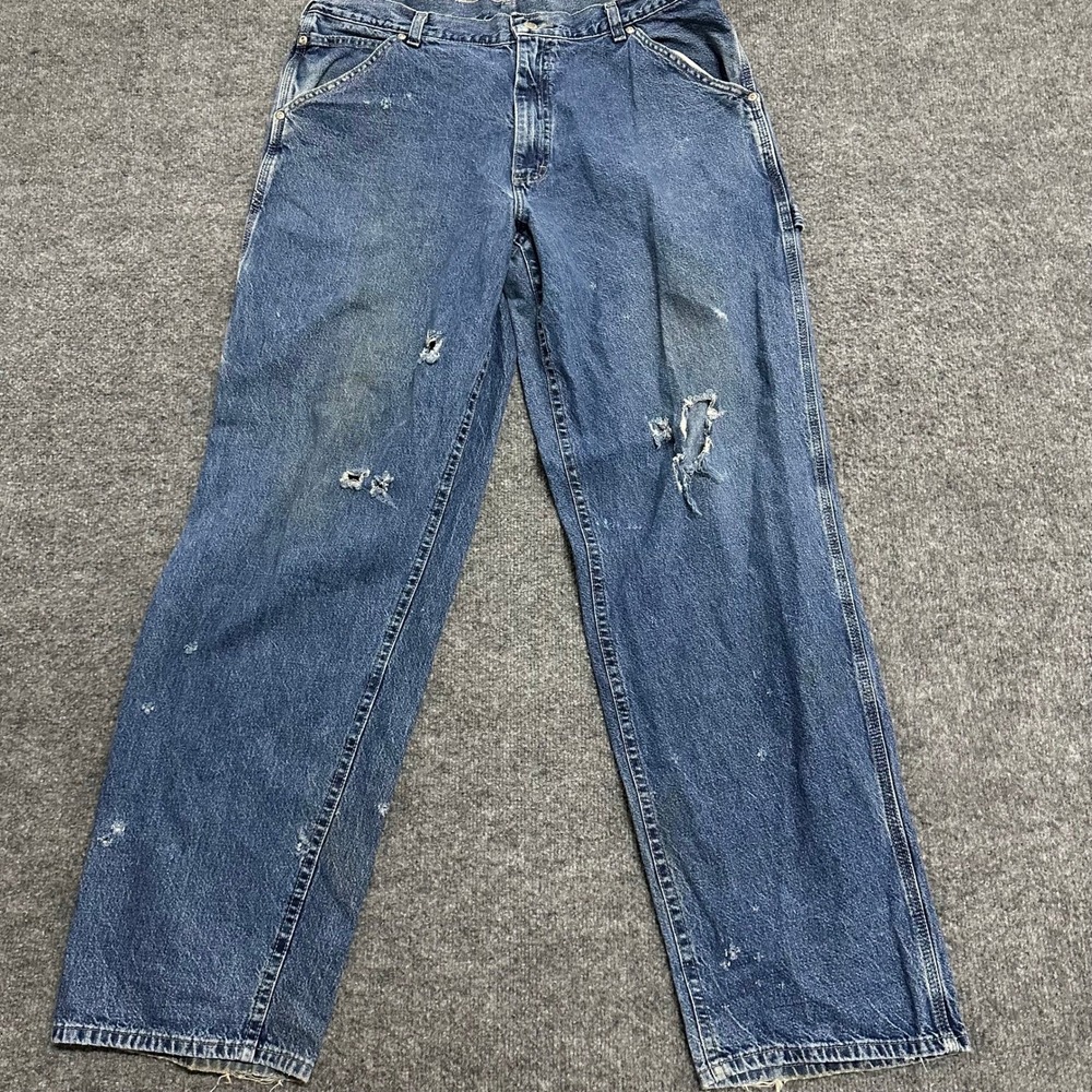Carhartt Carpenter Jeans Mens Size 38 Blue Distressed Relaxed Fit Workwear Rips